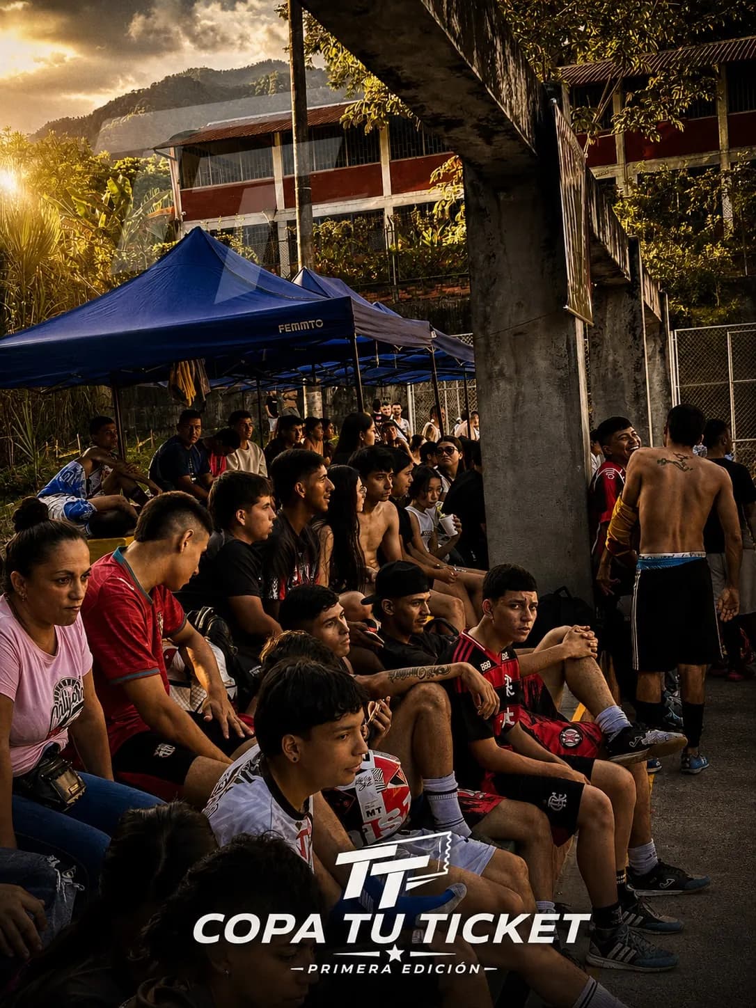 Jugadores y público en la cancha durante un encuentro TuTicket al atardecer
